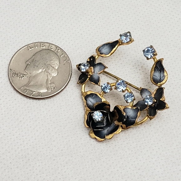 Equistive Austrian Made Floral Blue With Gold and Baby Blue Rhinestones Brooch - Picture 11 of 13